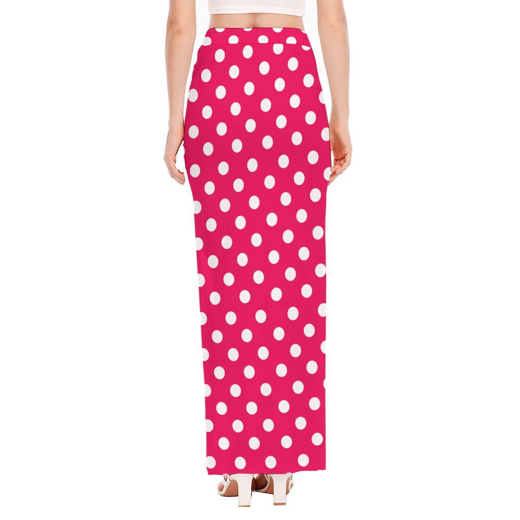 Hot Pink And White Polka Dot Print High Slit Maxi Skirt