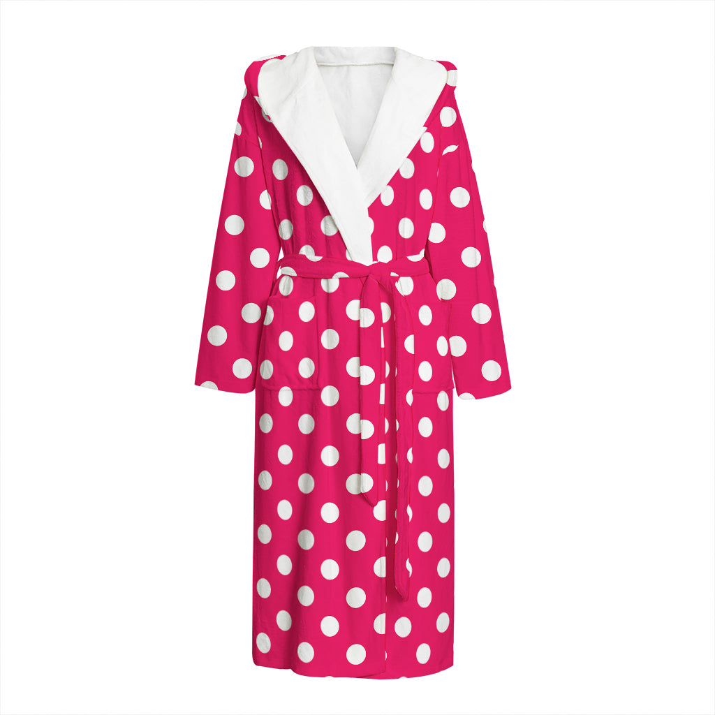 Hot Pink And White Polka Dot Print Hooded Bathrobe