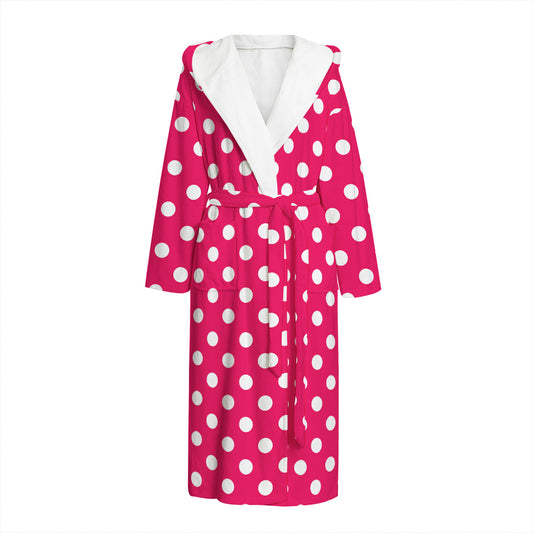 Hot Pink And White Polka Dot Print Hooded Bathrobe