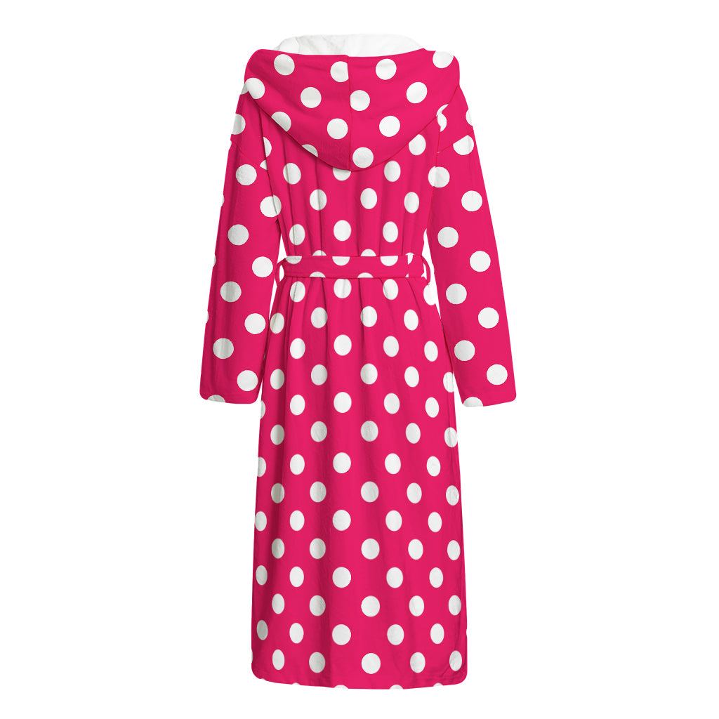 Hot Pink And White Polka Dot Print Hooded Bathrobe