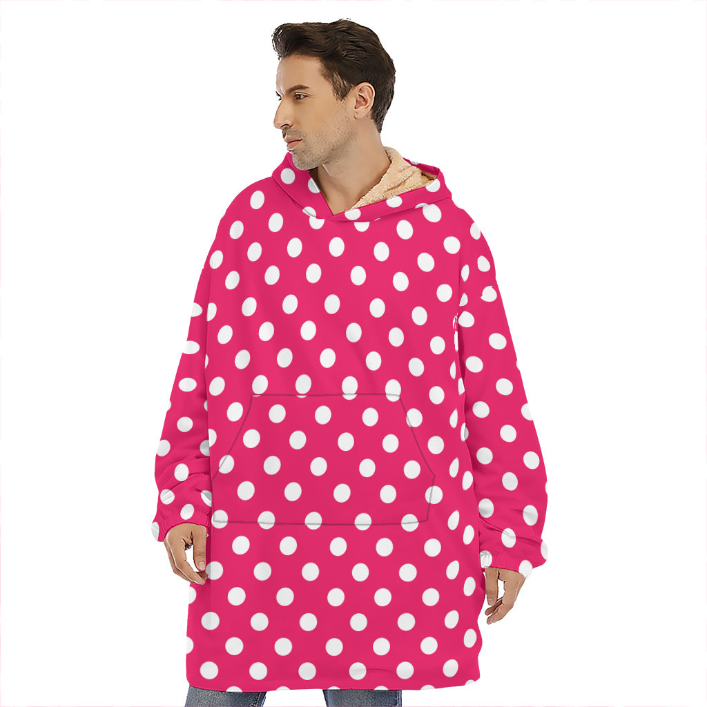 Hot Pink And White Polka Dot Print Hoodie Blanket