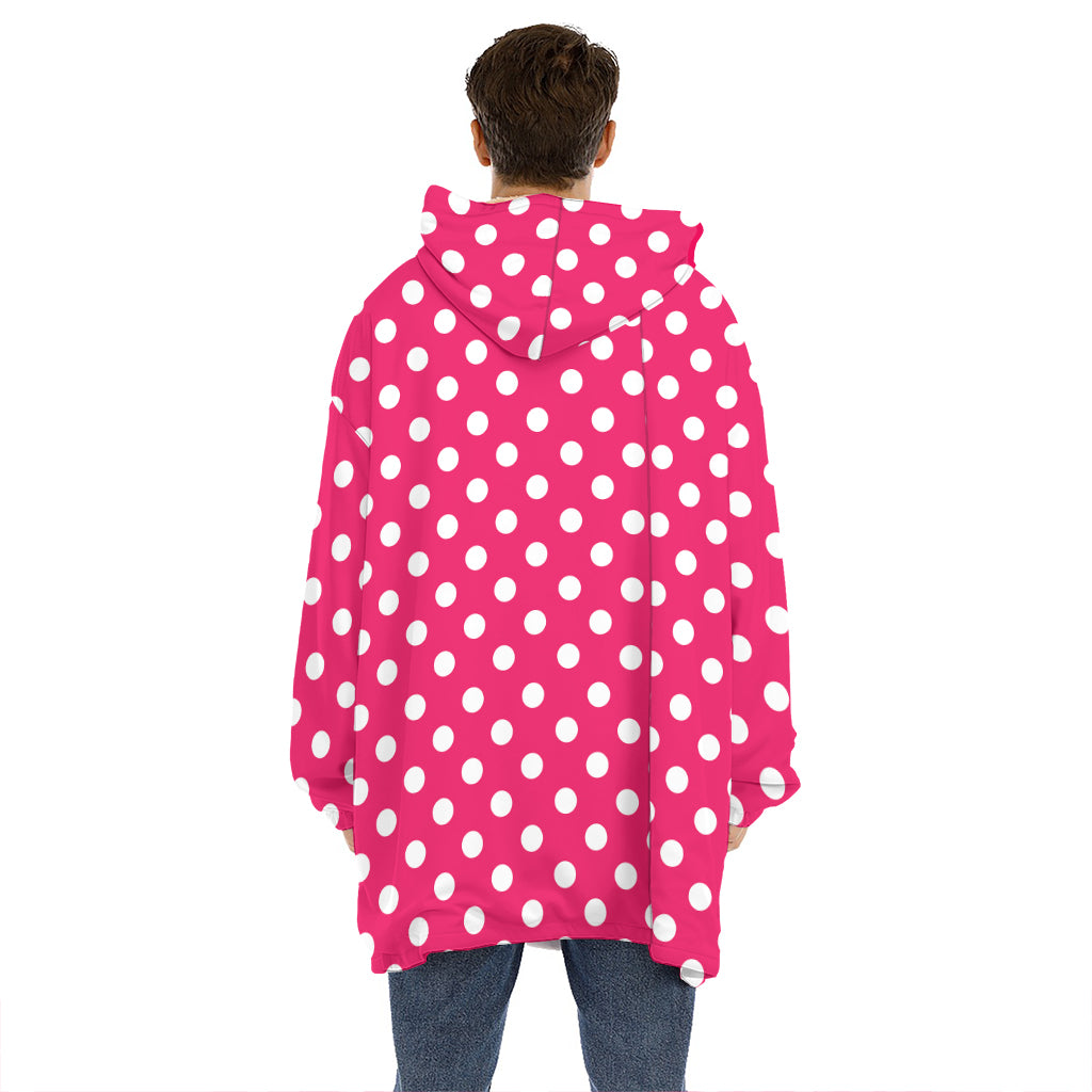 Hot Pink And White Polka Dot Print Hoodie Blanket