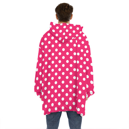 Hot Pink And White Polka Dot Print Hoodie Blanket