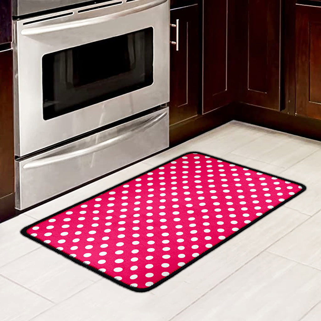 Hot Pink And White Polka Dot Print Kitchen Mat
