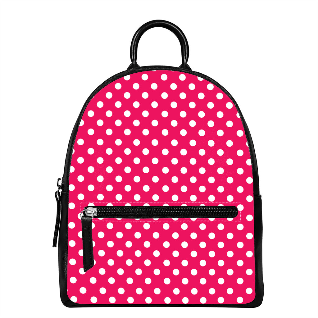 Hot Pink And White Polka Dot Print Leather Backpack