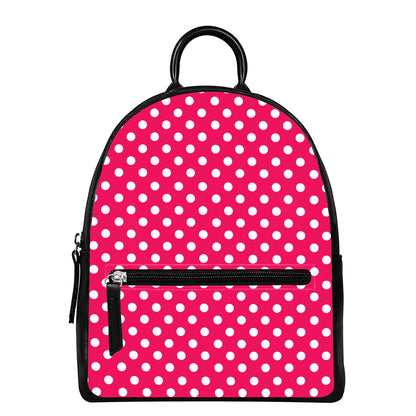 Hot Pink And White Polka Dot Print Leather Backpack