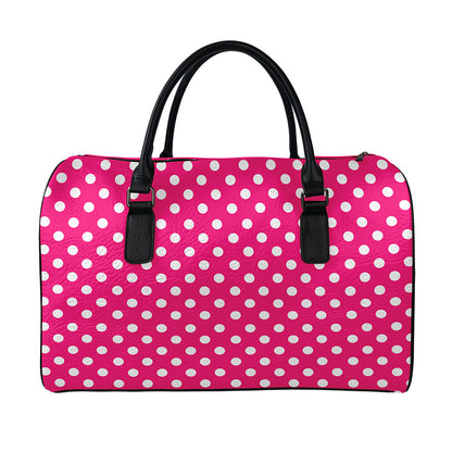 Hot Pink And White Polka Dot Print Leather Duffle Bag