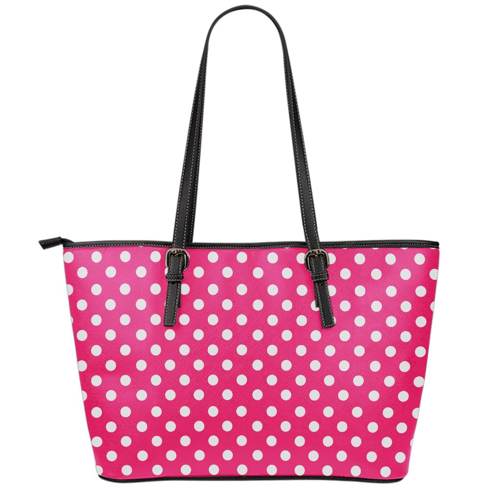 Hot Pink And White Polka Dot Print Leather Tote Bag