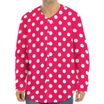 Hot Pink And White Polka Dot Print Long Sleeve Baseball Jersey