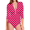 Hot Pink And White Polka Dot Print Long Sleeve Swimsuit