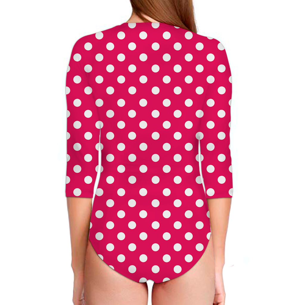 Hot Pink And White Polka Dot Print Long Sleeve Swimsuit