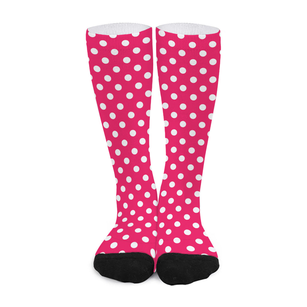 Hot Pink And White Polka Dot Print Long Socks