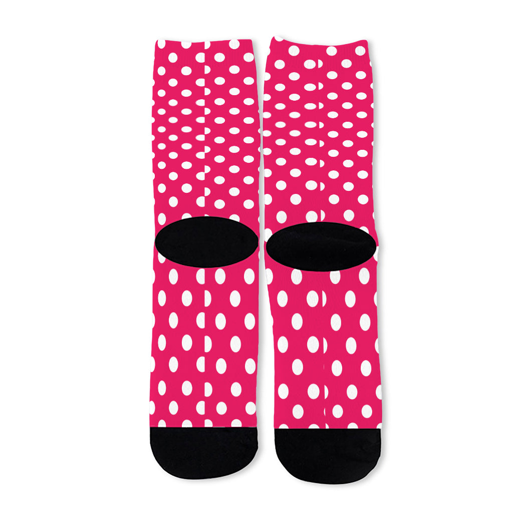 Hot Pink And White Polka Dot Print Long Socks