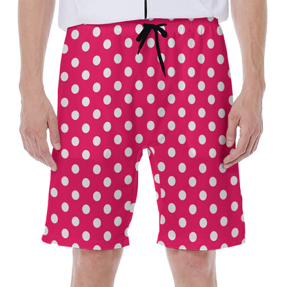 Hot Pink And White Polka Dot Print Men's Beach Shorts