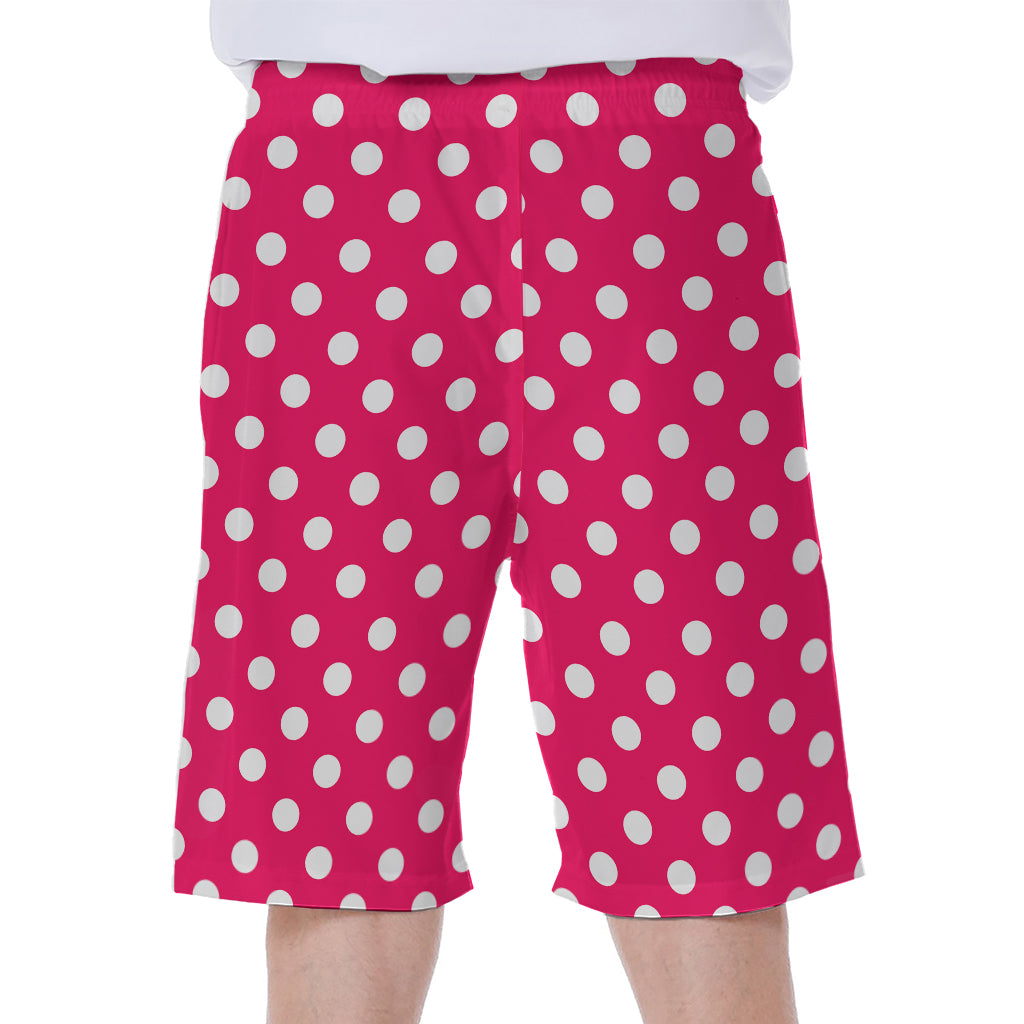 Hot Pink And White Polka Dot Print Men's Beach Shorts
