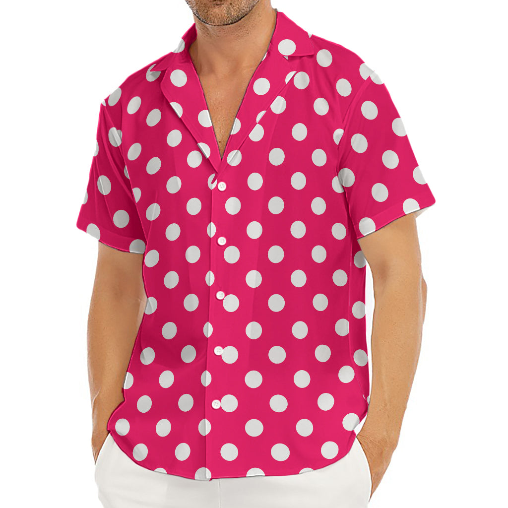 Hot Pink And White Polka Dot Print Men's Deep V-Neck Shirt