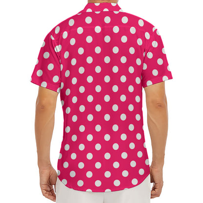 Hot Pink And White Polka Dot Print Men's Deep V-Neck Shirt