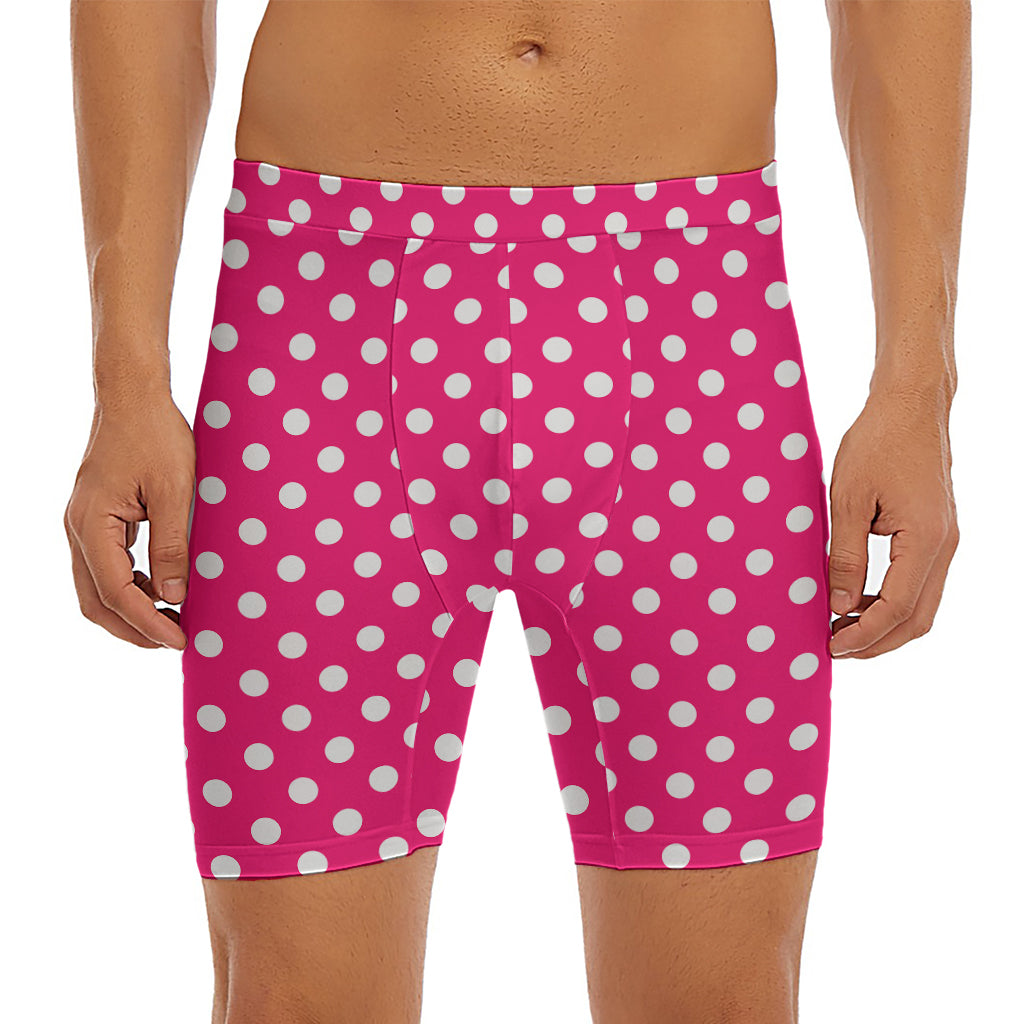 Hot Pink And White Polka Dot Print Men's Long Boxer Briefs