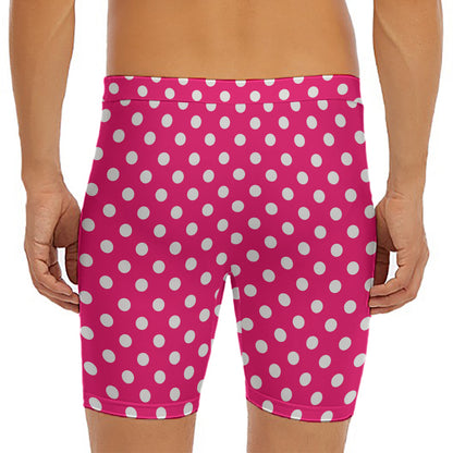 Hot Pink And White Polka Dot Print Men's Long Boxer Briefs