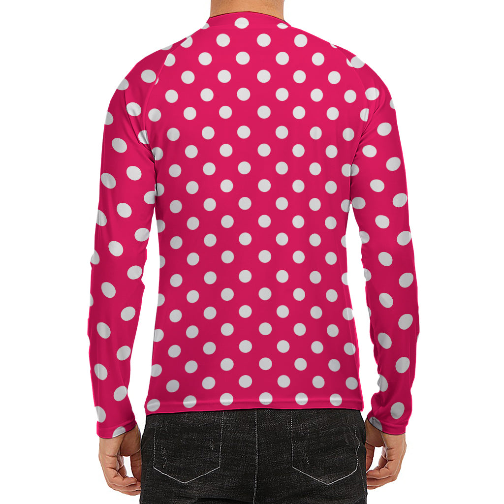 Hot Pink And White Polka Dot Print Men's Long Sleeve Rash Guard
