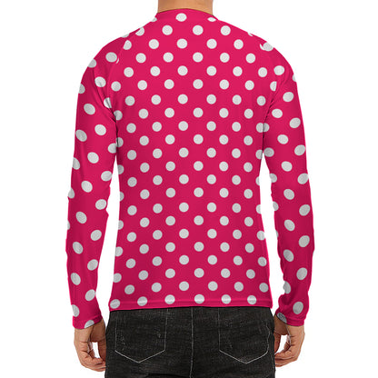 Hot Pink And White Polka Dot Print Men's Long Sleeve Rash Guard