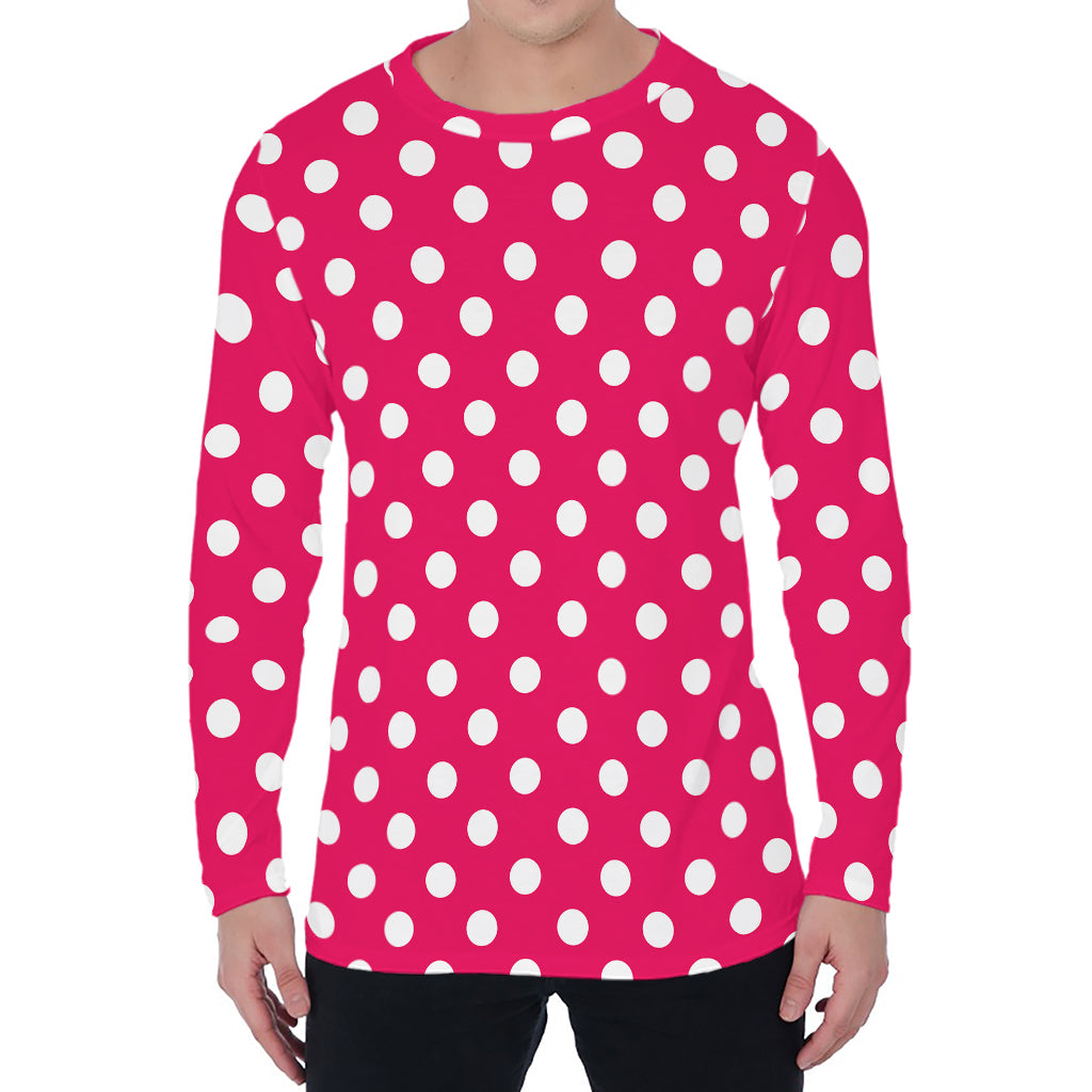 Hot Pink And White Polka Dot Print Men's Long Sleeve T-Shirt