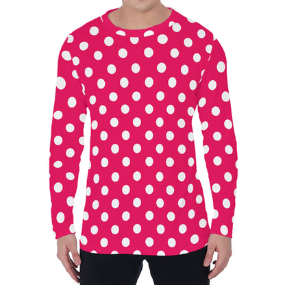 Hot Pink And White Polka Dot Print Men's Long Sleeve T-Shirt