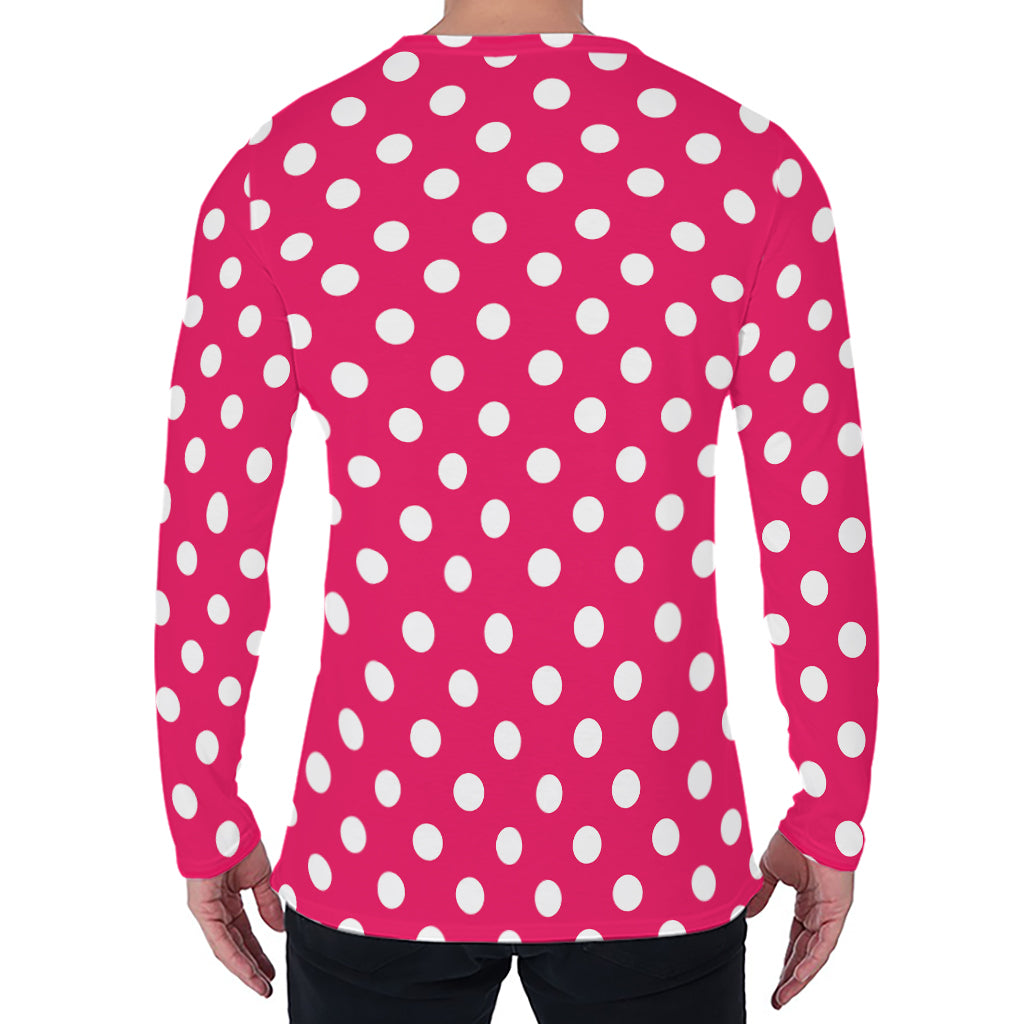 Hot Pink And White Polka Dot Print Men's Long Sleeve T-Shirt