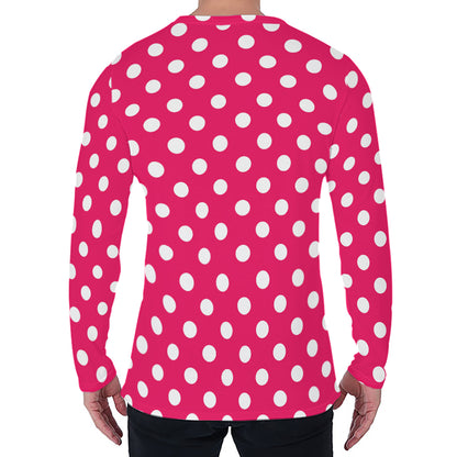 Hot Pink And White Polka Dot Print Men's Long Sleeve T-Shirt