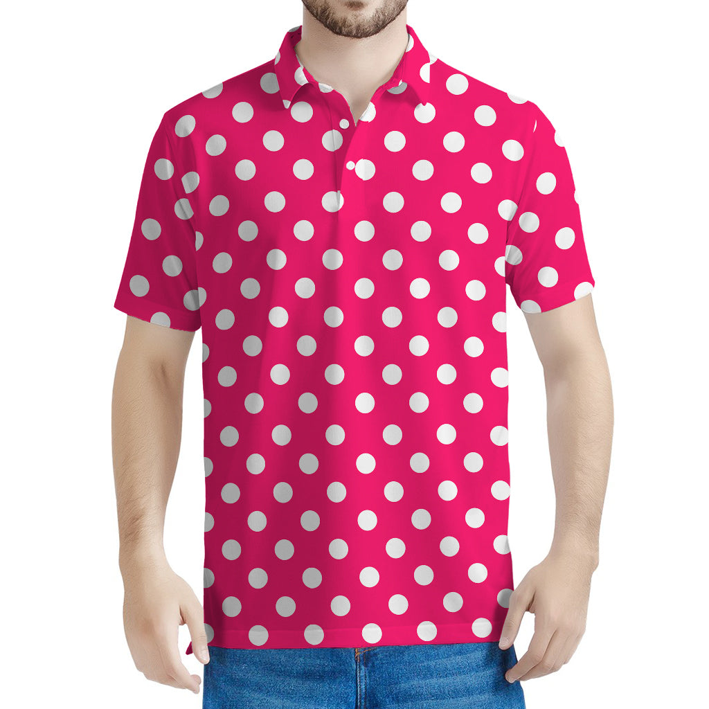 Hot Pink And White Polka Dot Print Men's Polo Shirt