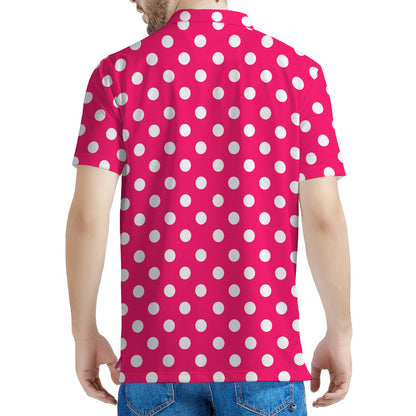 Hot Pink And White Polka Dot Print Men's Polo Shirt