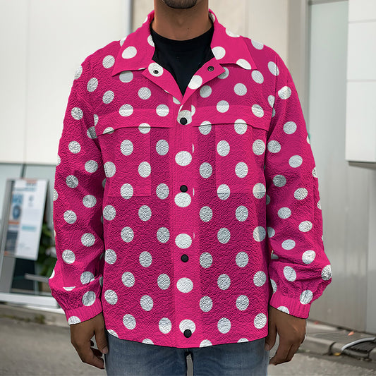 Hot Pink And White Polka Dot Print Men's Shirt Jacket