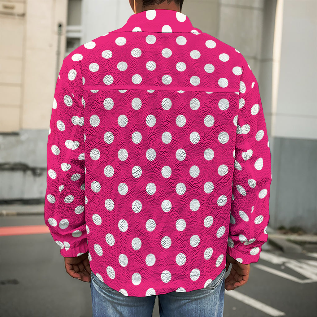 Hot Pink And White Polka Dot Print Men's Shirt Jacket