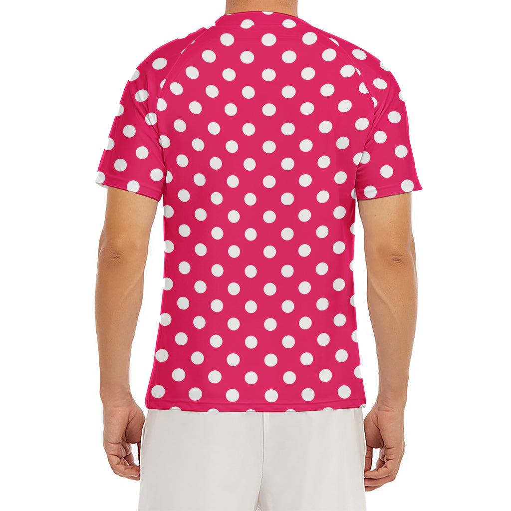 Hot Pink And White Polka Dot Print Men's Short Sleeve Rash Guard
