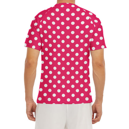 Hot Pink And White Polka Dot Print Men's Short Sleeve Rash Guard