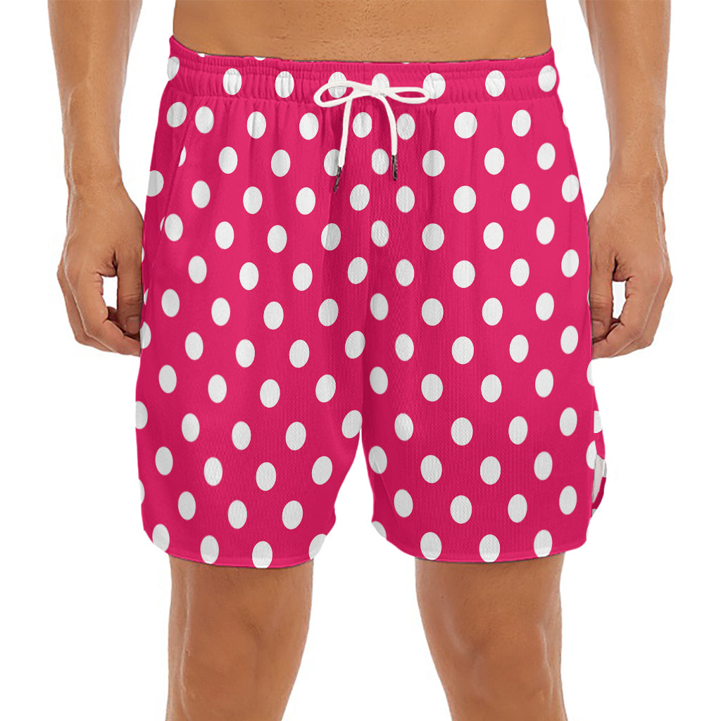 Hot Pink And White Polka Dot Print Men's Split Running Shorts