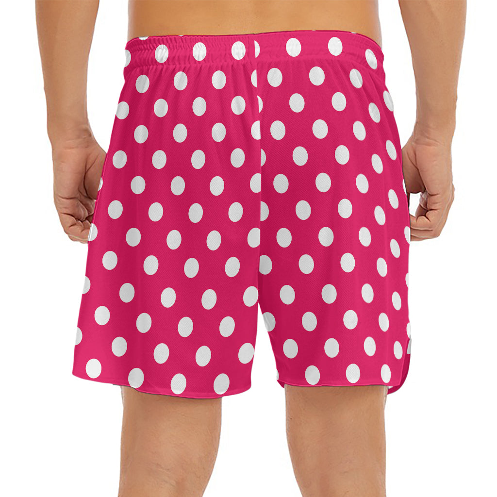 Hot Pink And White Polka Dot Print Men's Split Running Shorts