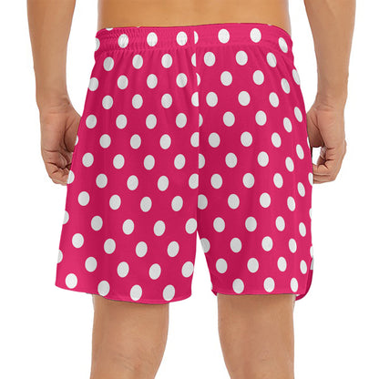 Hot Pink And White Polka Dot Print Men's Split Running Shorts