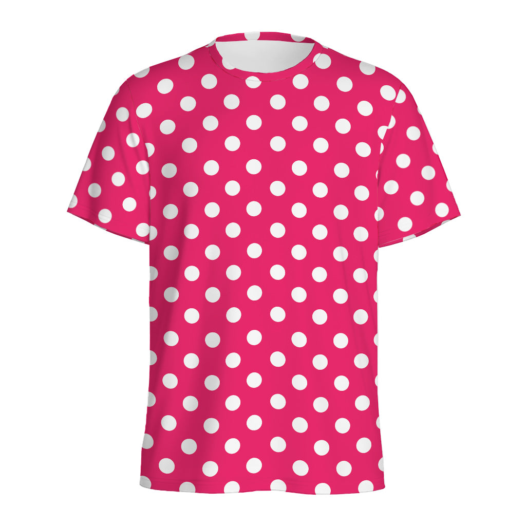 Hot Pink And White Polka Dot Print Men's Sports T-Shirt