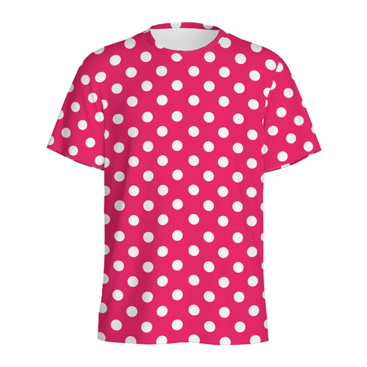 Hot Pink And White Polka Dot Print Men's Sports T-Shirt