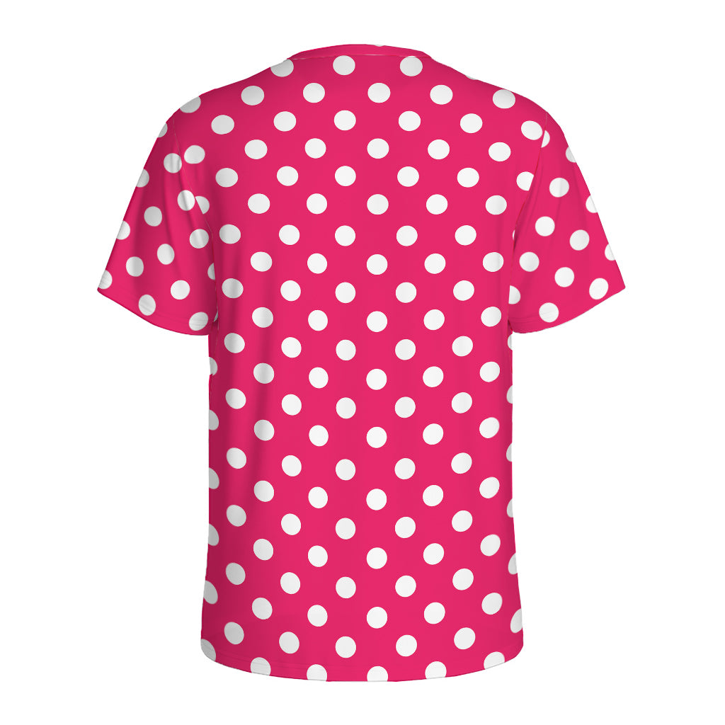 Hot Pink And White Polka Dot Print Men's Sports T-Shirt