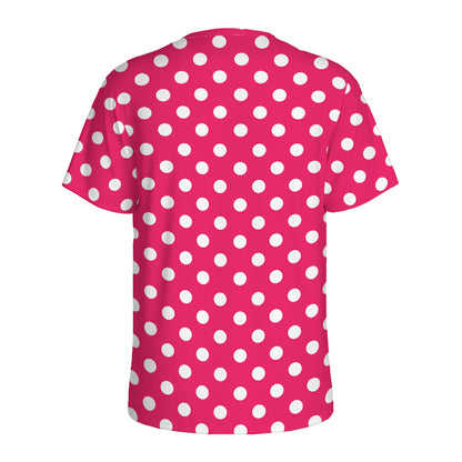 Hot Pink And White Polka Dot Print Men's Sports T-Shirt