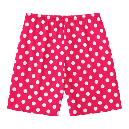 Hot Pink And White Polka Dot Print Men's Swim Trunks