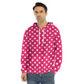 Hot Pink And White Polka Dot Print Men's Velvet Pullover Hoodie