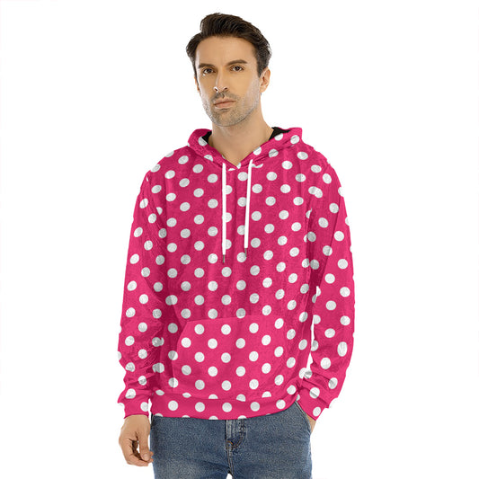 Hot Pink And White Polka Dot Print Men's Velvet Pullover Hoodie