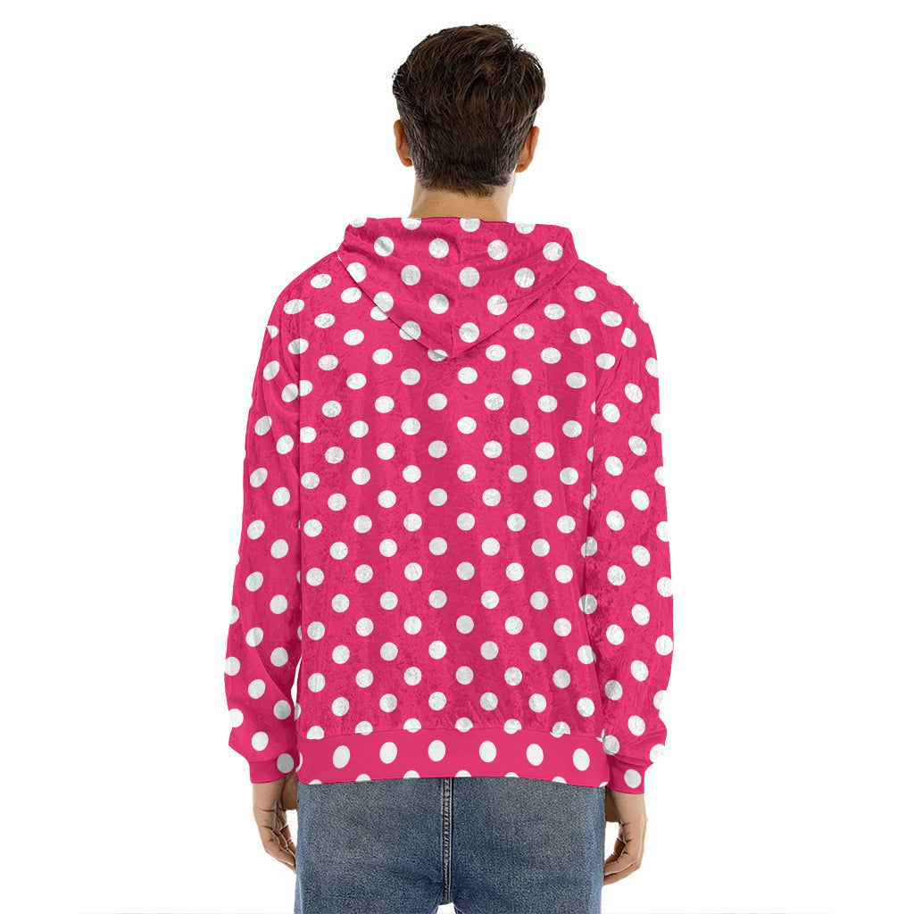 Hot Pink And White Polka Dot Print Men's Velvet Pullover Hoodie