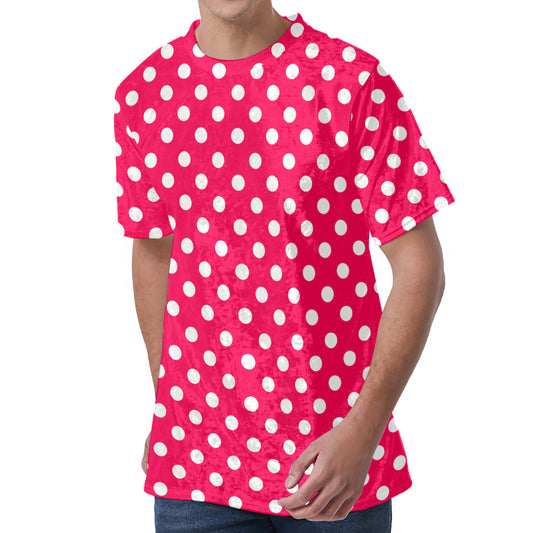 Hot Pink And White Polka Dot Print Men's Velvet T-Shirt