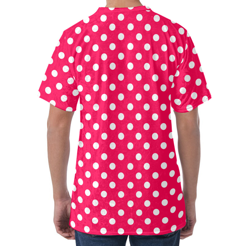 Hot Pink And White Polka Dot Print Men's Velvet T-Shirt