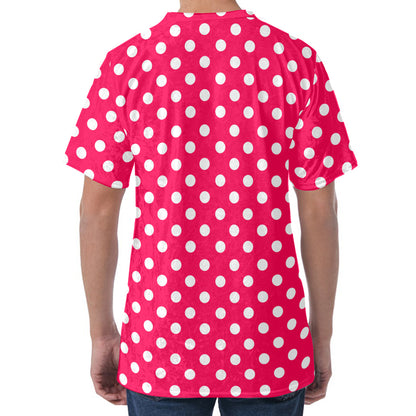 Hot Pink And White Polka Dot Print Men's Velvet T-Shirt