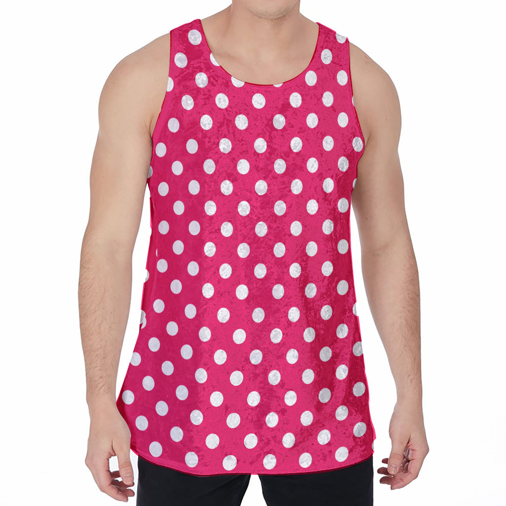 Hot Pink And White Polka Dot Print Men's Velvet Tank Top